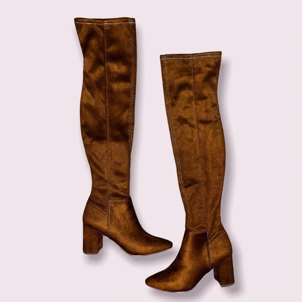 Steve Madden Shaya Boots Cognac Brown Over The Knee Suede Leather Heels Size 6.5